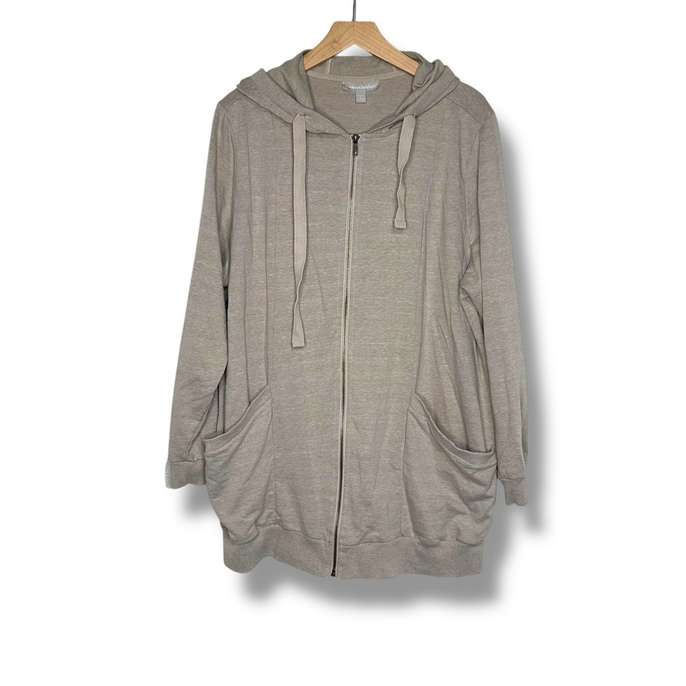 Woman Within Womens 14/16 Hooded Full Zip Jacket Oatmeal Tan Neutral Comfy